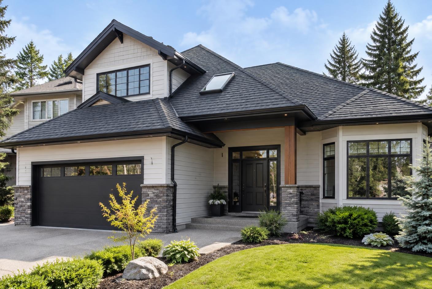 Calgary home exterior showing roof, gutters, soffit, siding and skylight