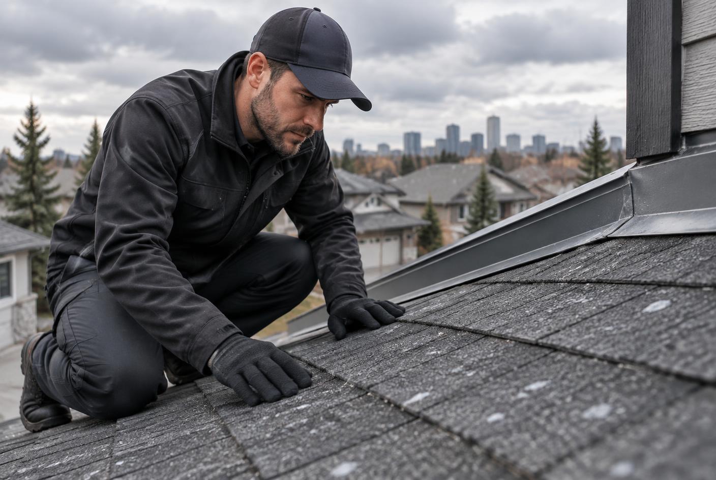 Professional inspection of hail marks on a Calgary asphalt roof